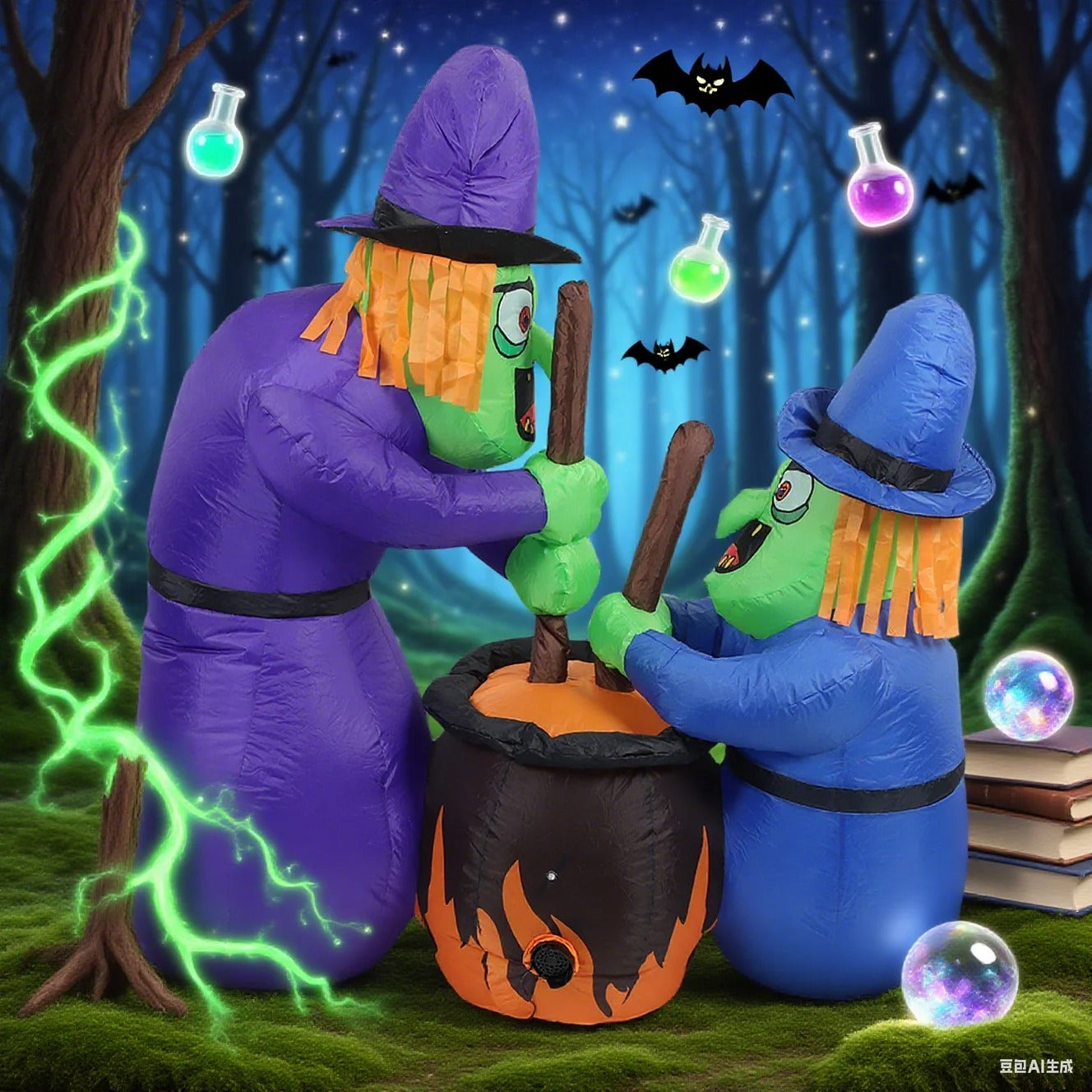 5Ft Halloween Inflatable Two Witches & Cauldron Decoration with Built-in LED Lights