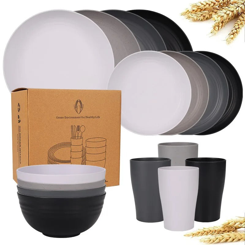 Biodegradable Dinnerware Set – Unbreakable Plates, Bowls & Cups | 16-Piece Lightweight Kitchen Set