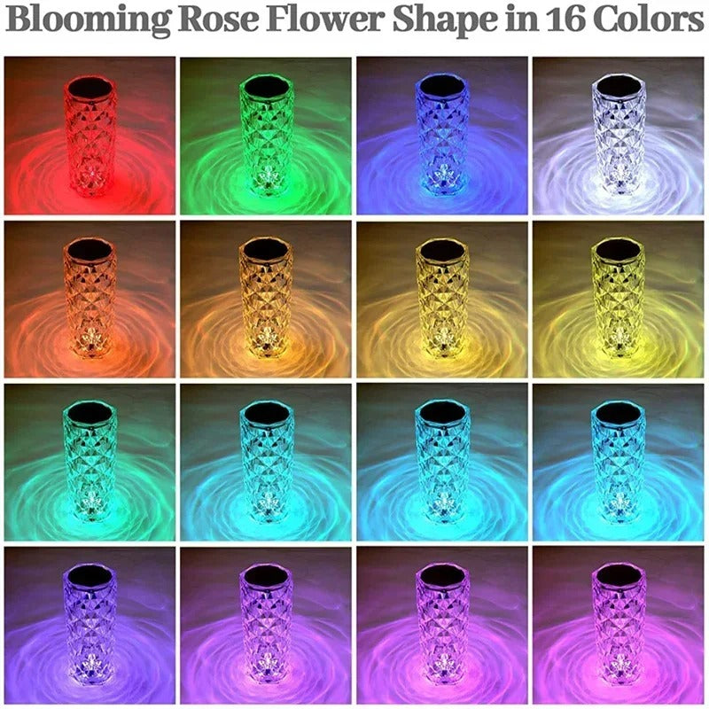 Crystal Rose Table Lamp – 16 Colour RGB LED Night Light with Remote & USB-C Rechargeable