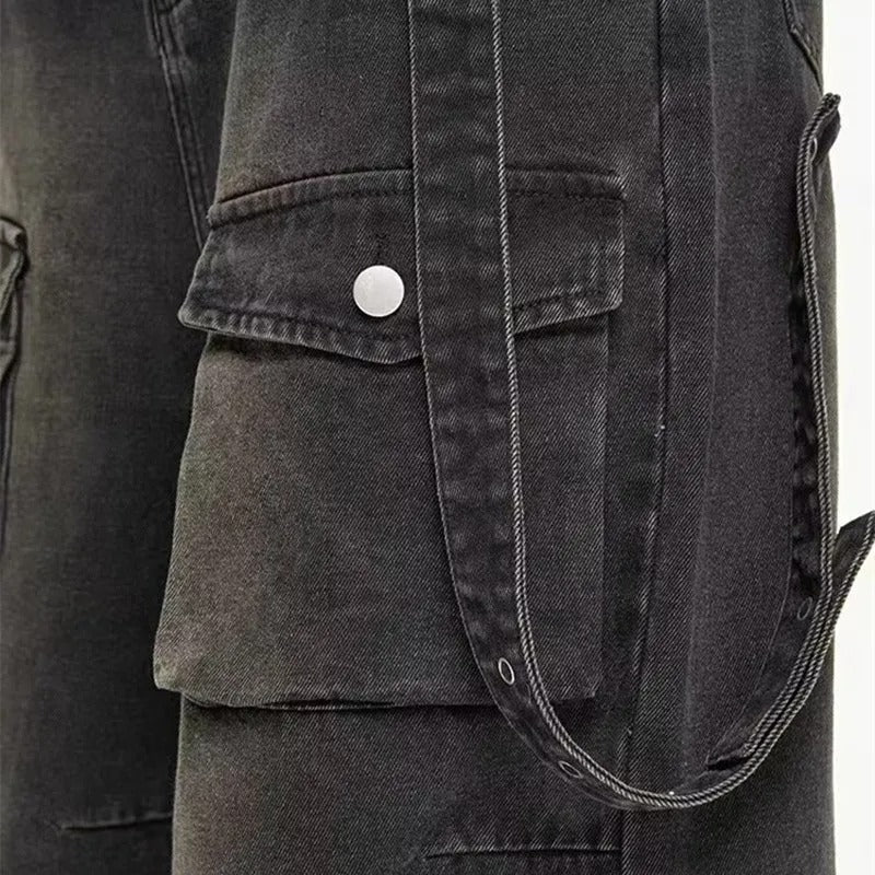 Men’s Baggy Cargo Jeans – Multi-Pocket Loose Fit Denim Streetwear Trousers
