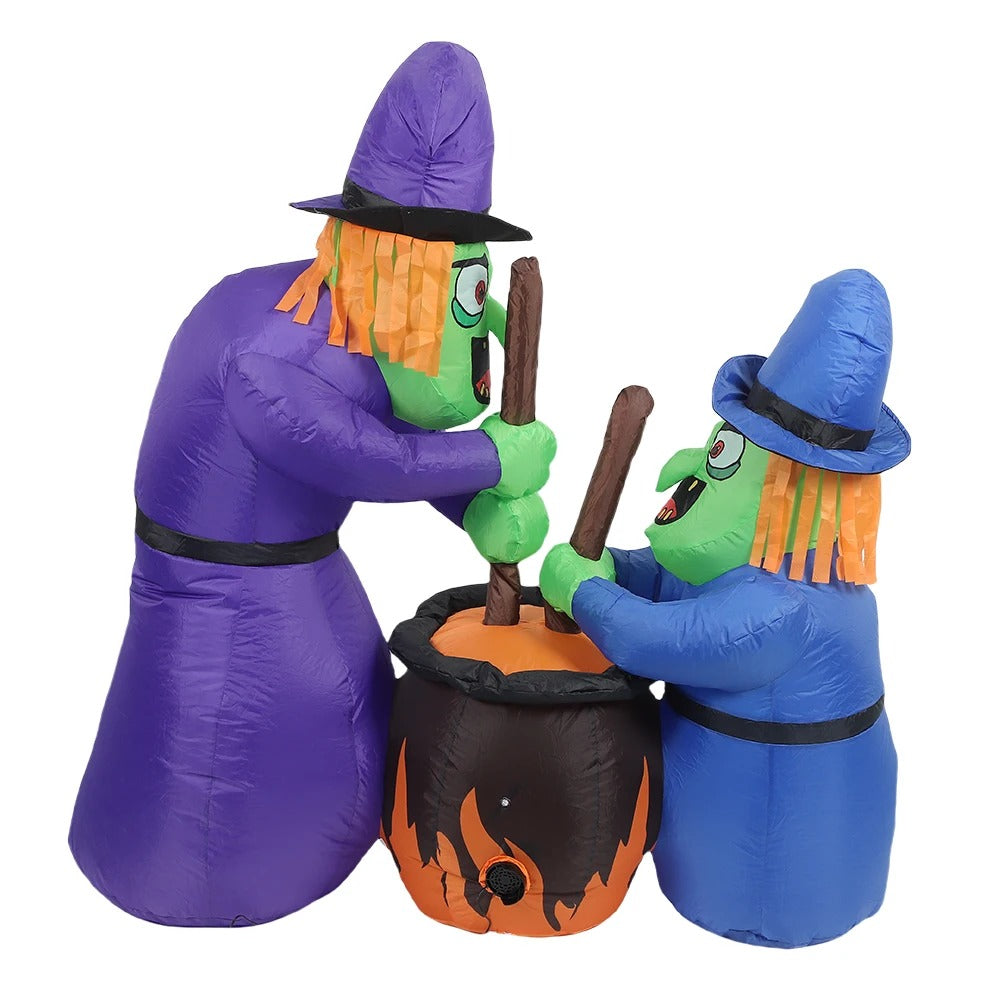 5Ft Halloween Inflatable Two Witches & Cauldron Decoration with Built-in LED Lights
