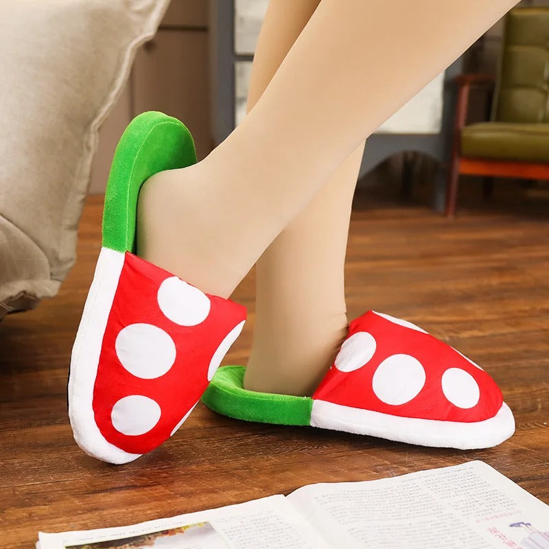 Super Mario Piranha Plant Mushroom Slippers - Plush Gaming Slippers for Kids & Adults