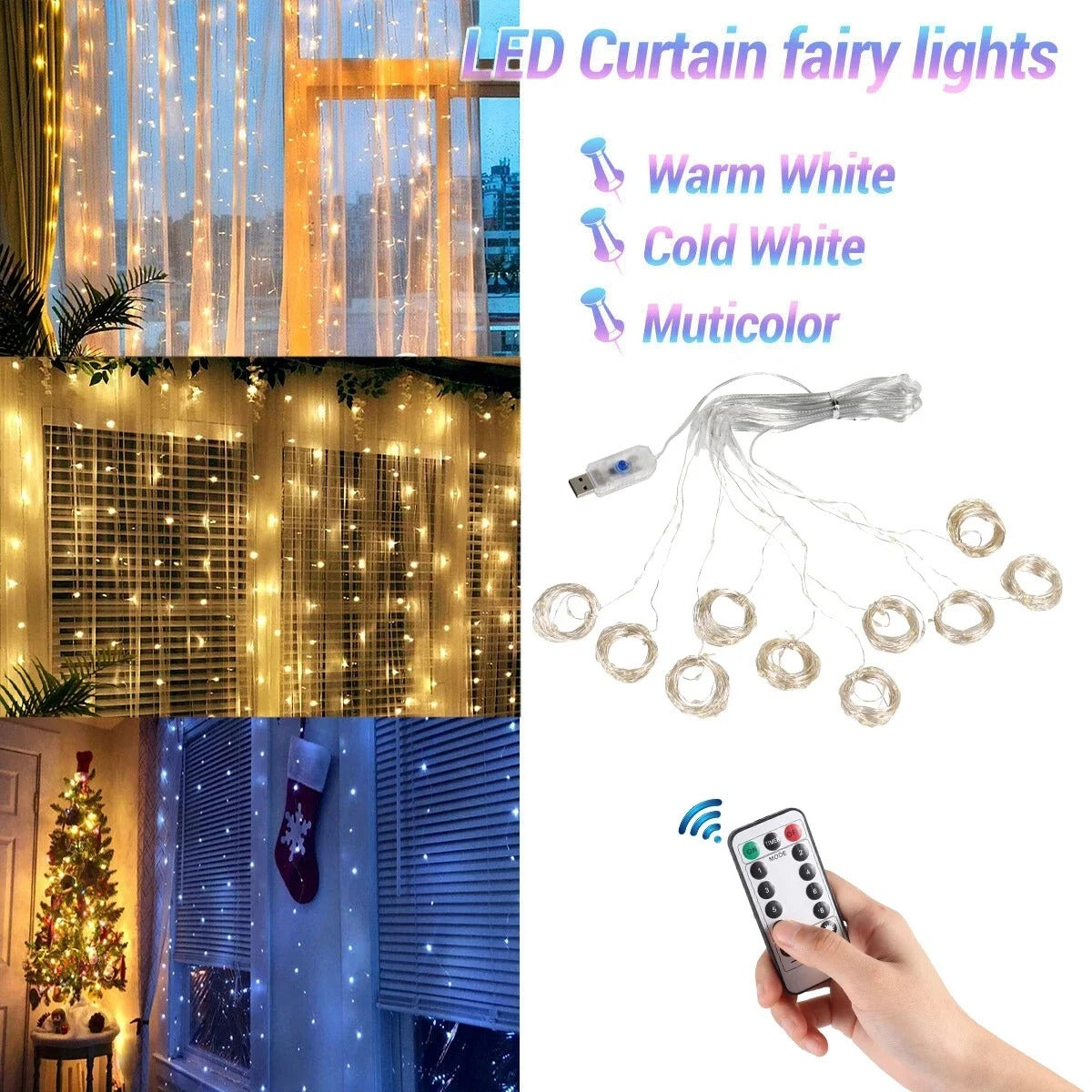 Christmas Lights Curtain Garland – Merry Christmas LED Fairy Light Decoration for Indoor Festive Display