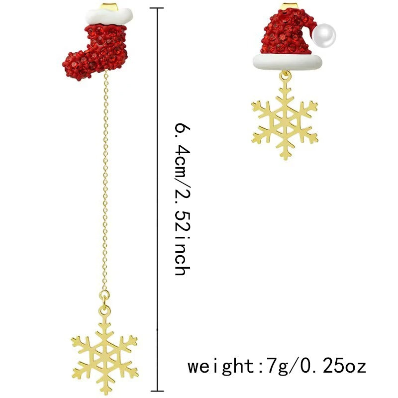 Asymmetric Snowflake Christmas Boot & Hat Drop Earrings – Festive Statement Jewellery for the Holiday Season
