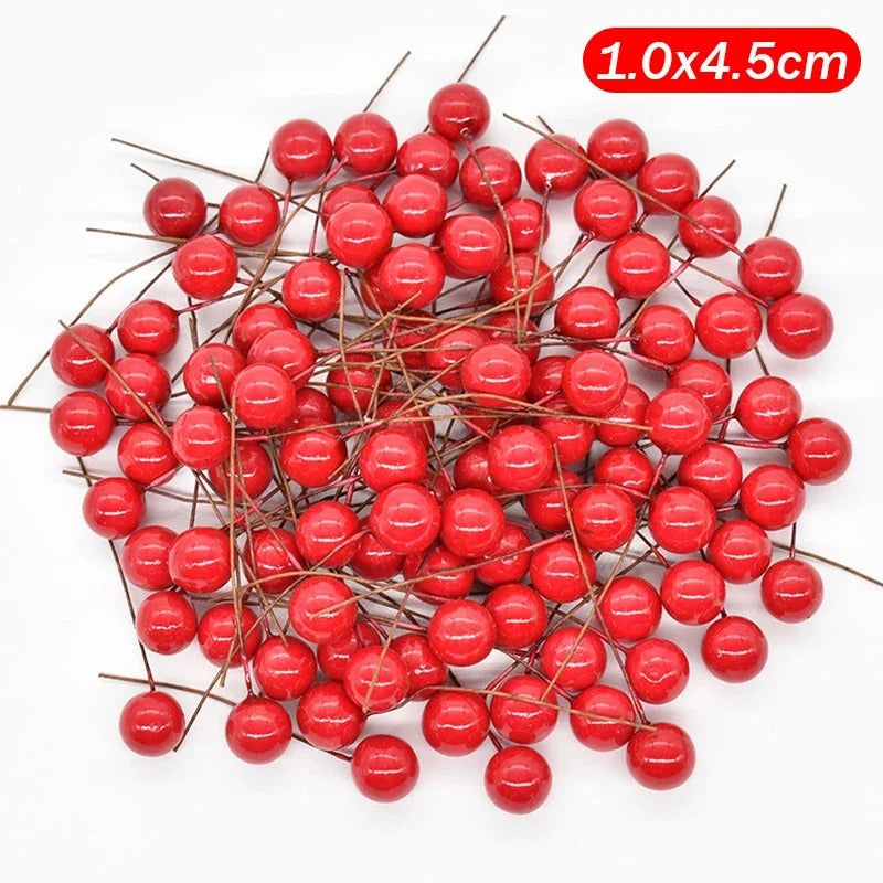 Mini Artificial Red Berries – Fake Cherry Stamens for Christmas Wreaths, Floral Crafts & Decorations