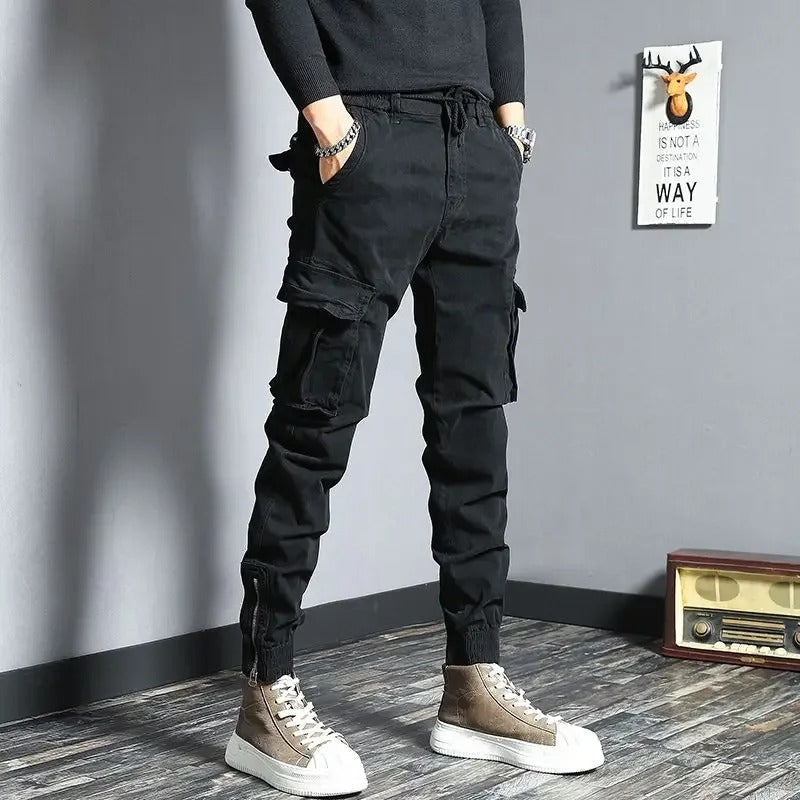 Men’s Grey Slim Biker Cargo Pants – Skinny Fit Streetwear Trousers with Multi-Pockets