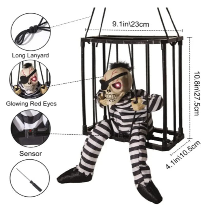 Prisoner Ghost in Cage – Scary Skull Prop Electric Skeleton Halloween Decoration