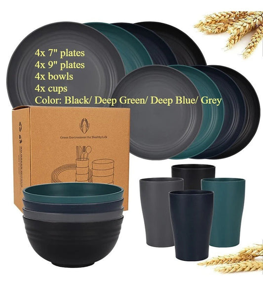 Biodegradable Dinnerware Set – Unbreakable Plates, Bowls & Cups | 16-Piece Lightweight Kitchen Set