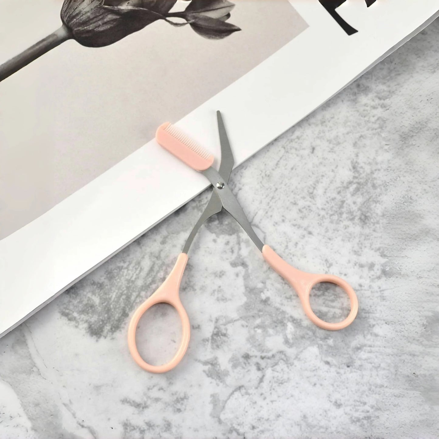 Pink Eyebrow Scissors with Built-In Comb – Stainless Steel Precision Grooming Tool