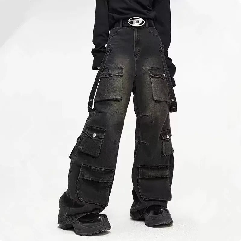 Men’s Baggy Cargo Jeans – Multi-Pocket Loose Fit Denim Streetwear Trousers