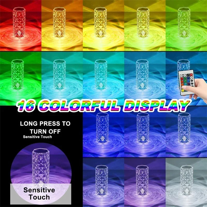 Crystal Rose Table Lamp – 16 Colour RGB LED Night Light with Remote & USB-C Rechargeable