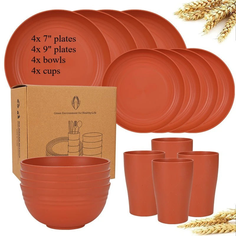Biodegradable Dinnerware Set – Unbreakable Plates, Bowls & Cups | 16-Piece Lightweight Kitchen Set