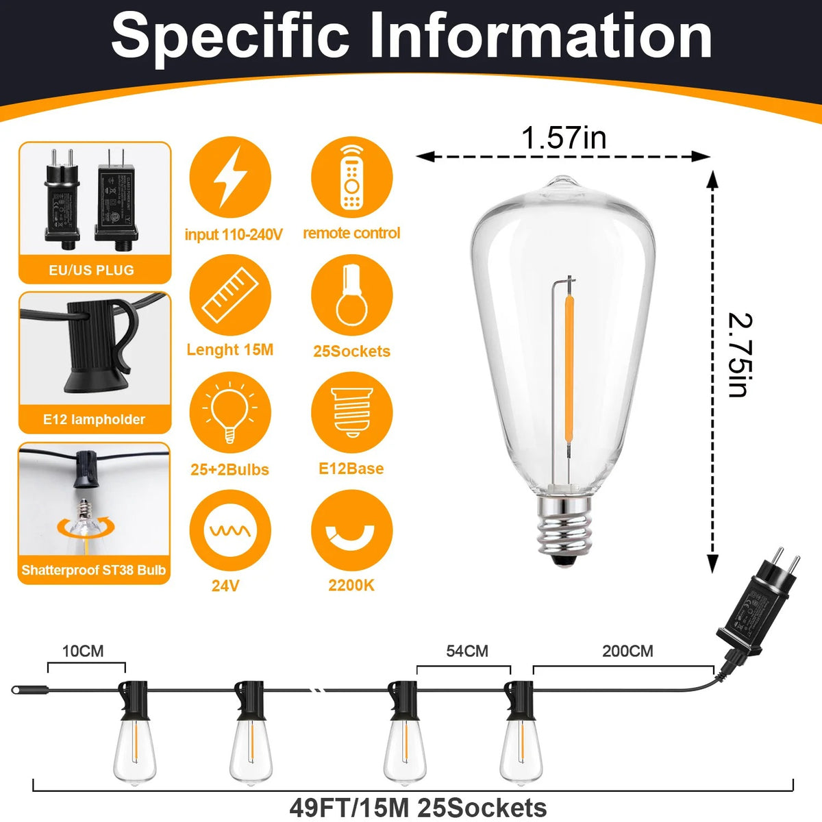 ST38 LED Outdoor String Lights with Remote Control – Dimmable Patio & Garden Lights