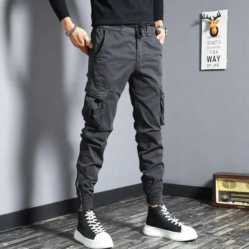 Men’s Grey Slim Biker Cargo Pants – Skinny Fit Streetwear Trousers with Multi-Pockets