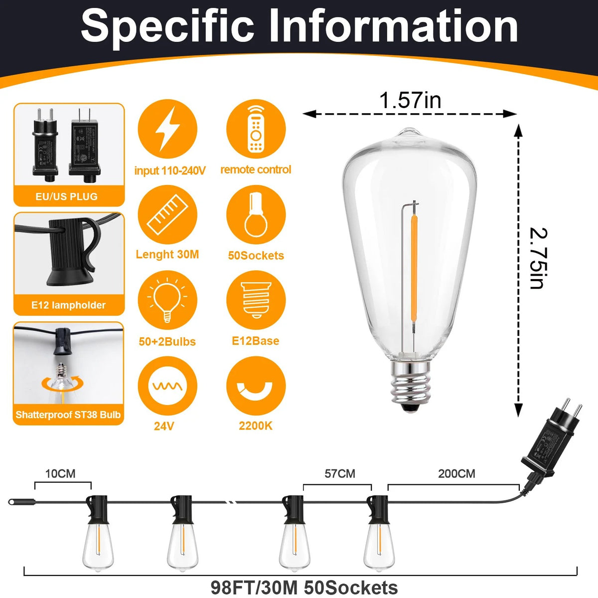 ST38 LED Outdoor String Lights with Remote Control – Dimmable Patio & Garden Lights