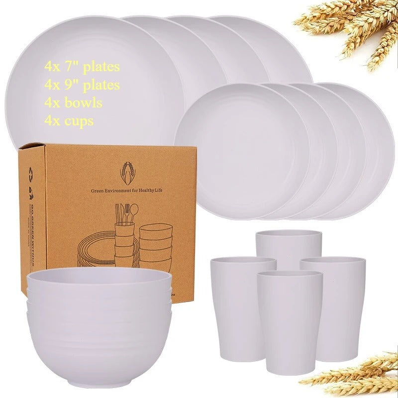 Biodegradable Dinnerware Set – Unbreakable Plates, Bowls & Cups | 16-Piece Lightweight Kitchen Set