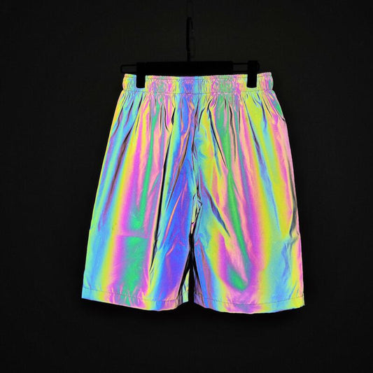 Rainbow Reflective Hip Hop Shorts – Holographic Streetwear Shorts for Men | Sizes M–3XL