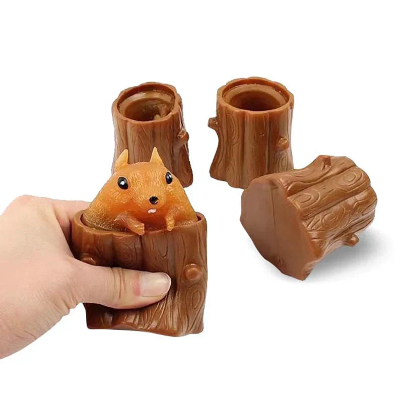 Squirrel Pop-Up Stress Relief Toy - Squeeze the Stump & Watch the Squirrel Pop Out! Silicone Sensory Toy