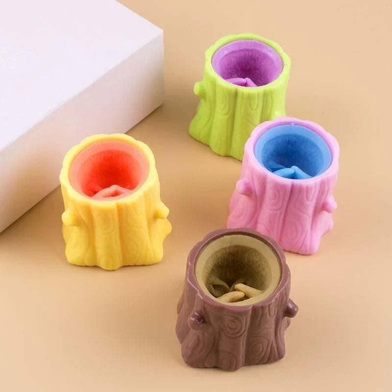 Squirrel Pop-Up Stress Relief Toy - Squeeze the Stump & Watch the Squirrel Pop Out! Silicone Sensory Toy