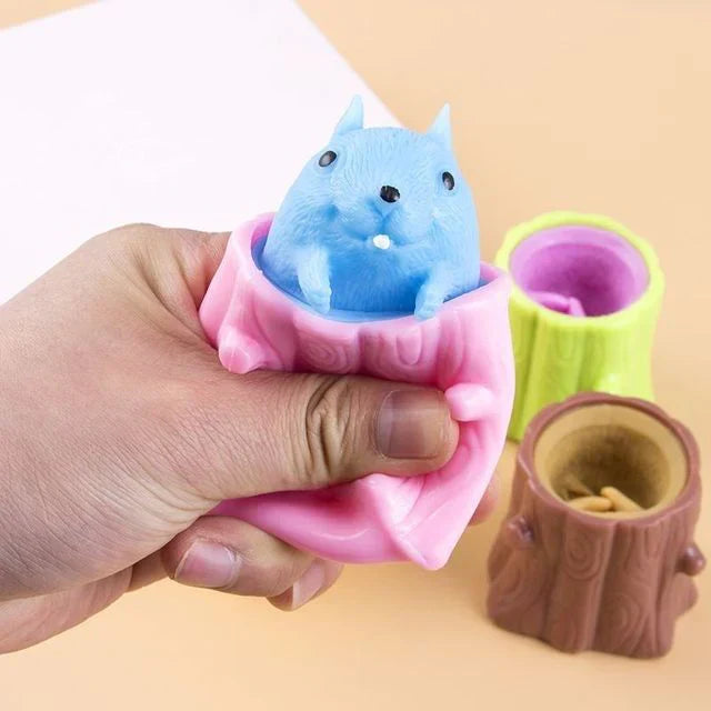 Squirrel Pop-Up Stress Relief Toy - Squeeze the Stump & Watch the Squirrel Pop Out! Silicone Sensory Toy