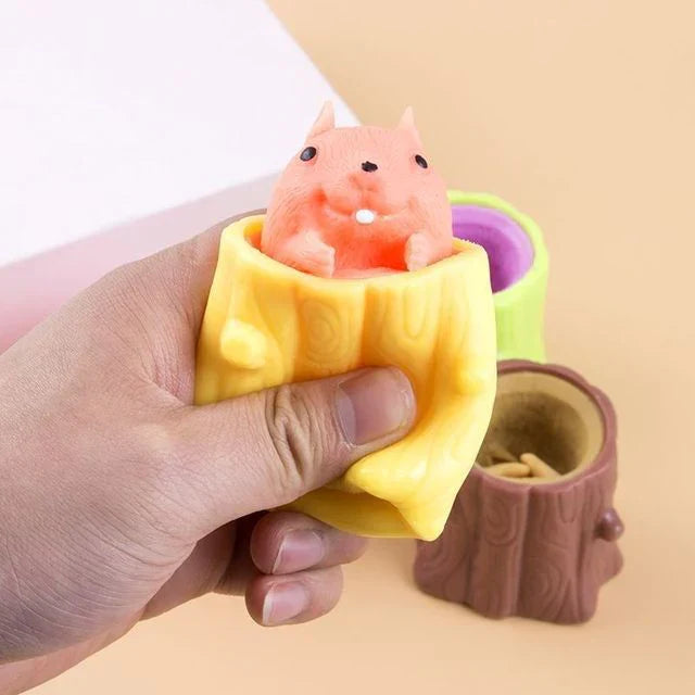 Squirrel Pop-Up Stress Relief Toy - Squeeze the Stump & Watch the Squirrel Pop Out! Silicone Sensory Toy