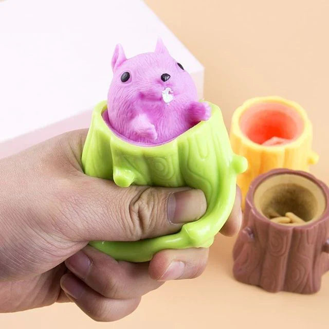 Squirrel Pop-Up Stress Relief Toy - Squeeze the Stump & Watch the Squirrel Pop Out! Silicone Sensory Toy