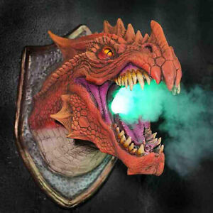 3D Dragon Head Wall Mount with Smoke & LED Light – Faux Taxidermy Dragon Sculpture | Fantasy Home Decor Gift