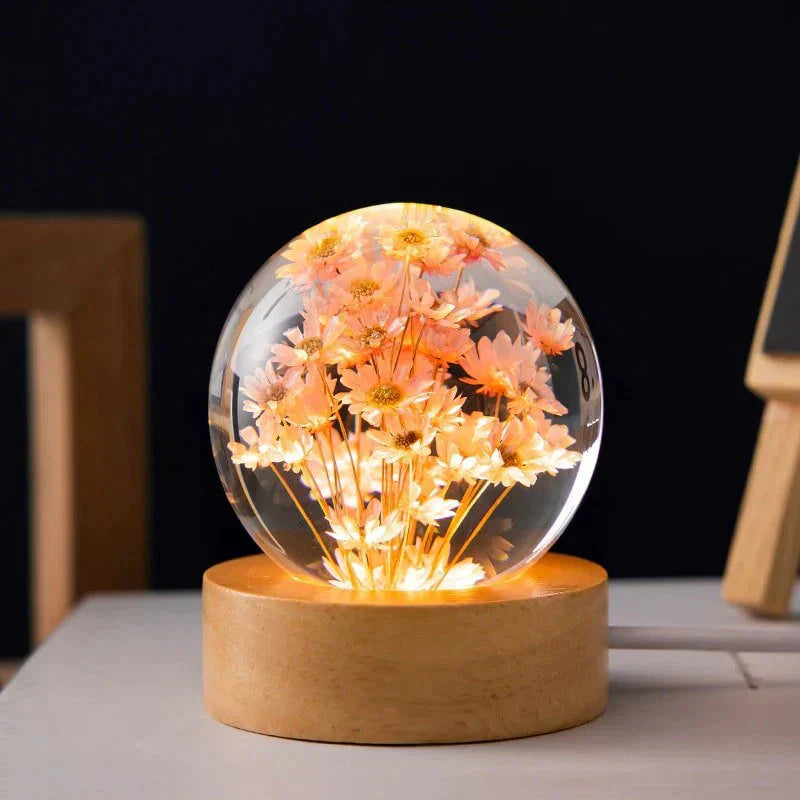 Dandelion Crystal Ball Night Light – LED Flower Lamp with Wooden Base