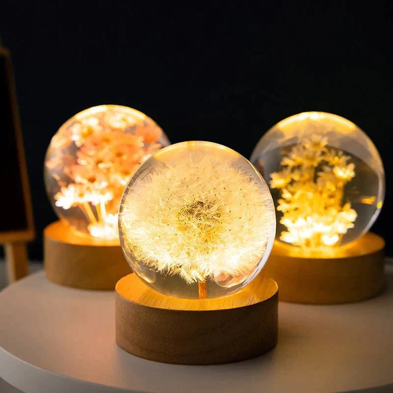 Dandelion Crystal Ball Night Light – LED Flower Lamp with Wooden Base