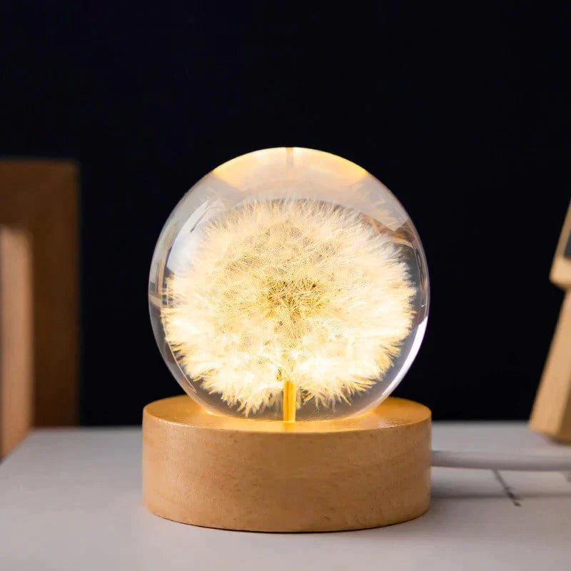 Dandelion Crystal Ball Night Light – LED Flower Lamp with Wooden Base