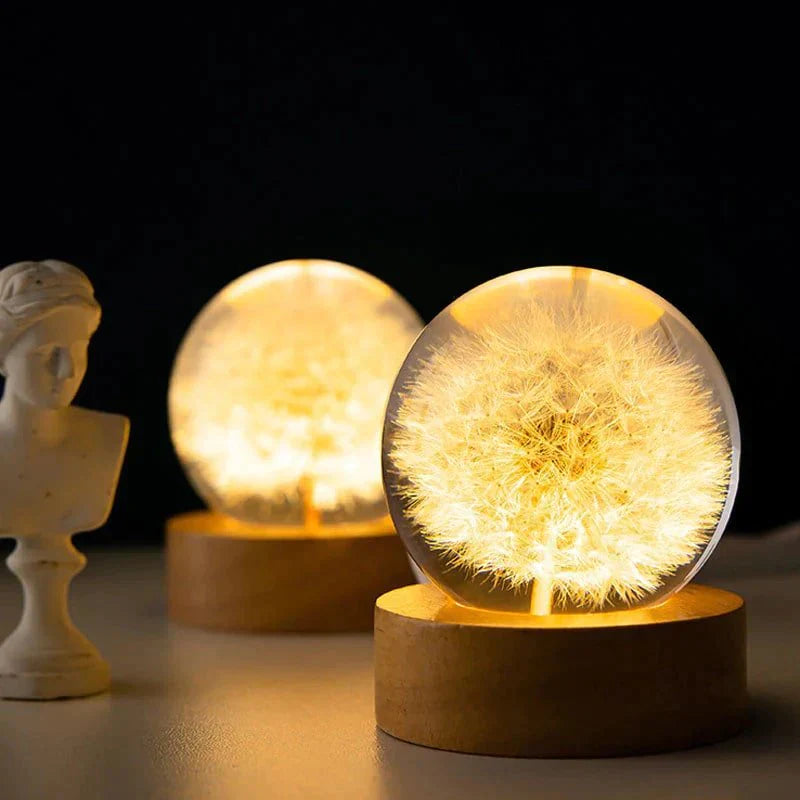 Dandelion Crystal Ball Night Light – LED Flower Lamp with Wooden Base