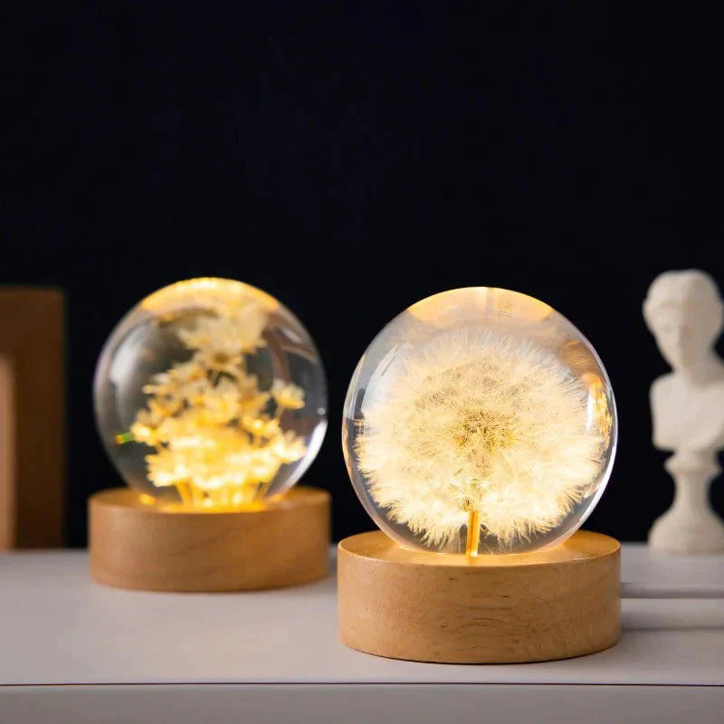 Dandelion Crystal Ball Night Light – LED Flower Lamp with Wooden Base