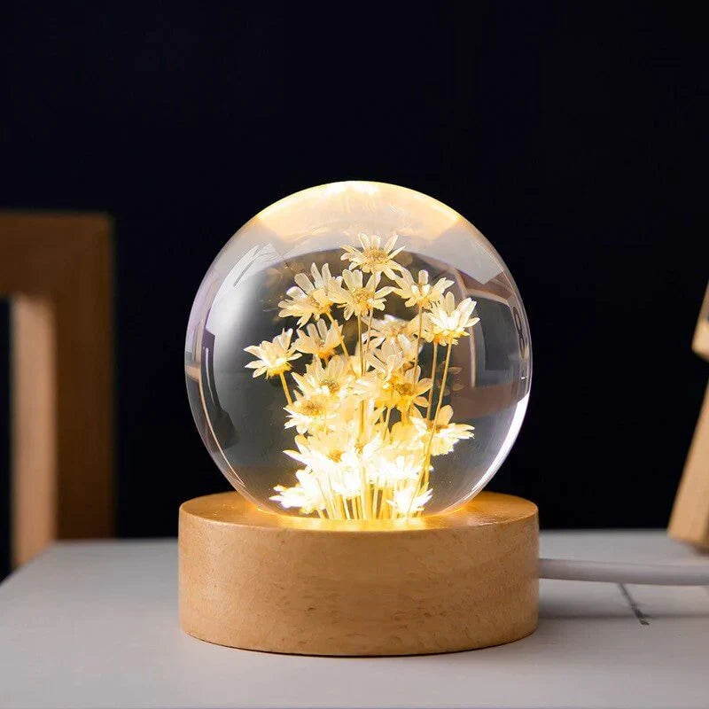 Dandelion Crystal Ball Night Light – LED Flower Lamp with Wooden Base