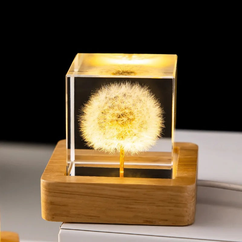 Dandelion Crystal Ball Night Light – LED Flower Lamp with Wooden Base